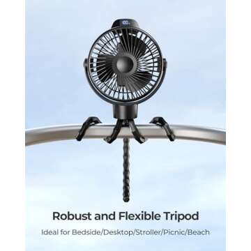 Koonie Portable Stroller Fan for Baby, Rechargeable Battery Operated, 3 Speeds, 360° Rotation, 20db Low Noise,Digital Display, Detachable Flexible Tripod Clip-on Car Seats, Tent, Crib, Treadmill