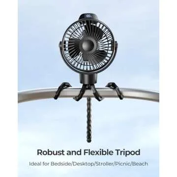 Koonie Portable Stroller Fan for Baby, Rechargeable Battery Operated, 3 Speeds, 360° Rotation, 20db Low Noise,Digital Display, Detachable Flexible Tripod Clip-on Car Seats, Tent, Crib, Treadmill