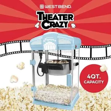 West Bend Stir Crazy Movie Theater Popcorn Popper, Gourmet Popcorn Maker with Nonstick Popcorn Kettle, Measuring Tool and Scoop , 4 Qt, Blue