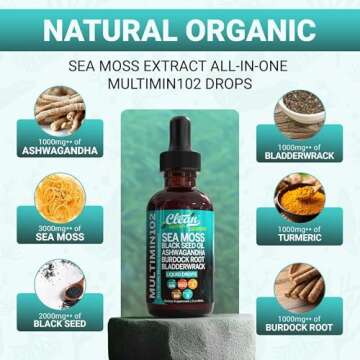 Clean Nutraceuticals Organic Sea Moss Liquid Drops Supplement with Black Seed Oil Ashwagandha Burdoc...