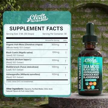 Clean Nutraceuticals Organic Sea Moss Liquid Drops Supplement with Black Seed Oil Ashwagandha Burdock Root & Bladderwrack - Multimineral Non-GMO Vegan for Gut Heath Skin Immune Support Hair