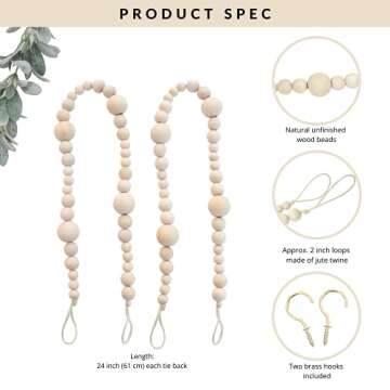 Sage in Thyme Boho Curtain Tiebacks Holder Wood Beaded Window Treatment Curtain Holders with Tassels...