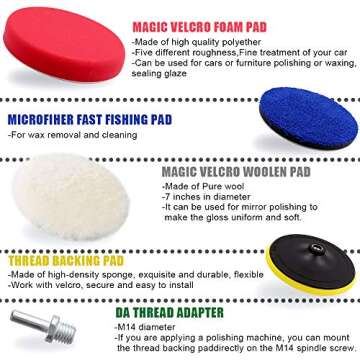 Benavvy 9pcs Polishing Pads Kit, 7 Inches Large Size Buffing Pads, Car Foam Buffing Sponge and Wool Pads Kit with M14 Drill Adapter for Car Polishers and Buffers Boat Sealing Glaze