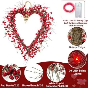 Valentine’s Day Wreaths for Front Door, Valentine’s Day Decorations with 20 Red LED Lights Batte...