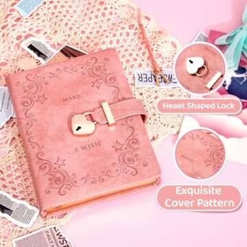 CAGIE Diary with Lock for Girls Heart-Shaped Lock Journal for Women, Girls Diary with Gold Edged Pag...