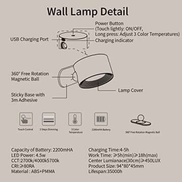 AKSDA Led Wall Sconces, Wall Lamps with Battery Operated, Wall Mounted Cordless Lights with 3 Color Temperature&3 Brightness, 360° Magnetic Ball, USB Charging Port for Reading Study Bedside
