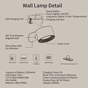 AKSDA Led Wall Sconces, Wall Lamps with Battery Operated, Wall Mounted Cordless Lights with 3 Color Temperature&3 Brightness, 360° Magnetic Ball, USB Charging Port for Reading Study Bedside