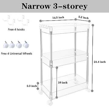 Versatile Transparent Rolling Storage Cart, Slim Design, 3 Tier Multi-Purpose Organizer for Kitchen,...
