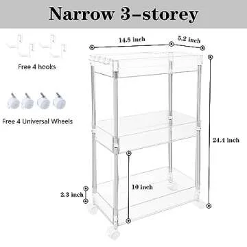 Versatile Transparent Rolling Storage Cart, Slim Design, 3 Tier Multi-Purpose Organizer for Kitchen,...
