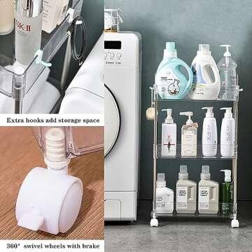 Versatile Transparent Rolling Storage Cart, Slim Design, 3 Tier Multi-Purpose Organizer for Kitchen, Bathroom, Office, and More (Slim 3-ply)