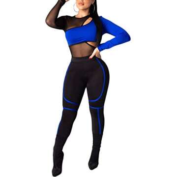 Uni Clau Women's Sheer Mesh Two Piece Jumpsuits See Through Long Sleeve Bodysuit Skinny Long Pants Club Romper