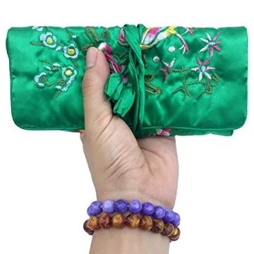 Gold Fortune Travel Jewelry Silk Embroidery Brocade Roll Bags Organizer Case with Tie Close (Dark Gr...