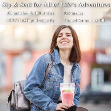 C CRYSTAL LEMON 100PCS Liquor Pouches, Drink Pouches for Adults Alcohol Pouches with 100 Drink Straws & Silicone Funnel, Juice Pouches, Smoothie Pouches, Heavy Duty Reclosable Ice Drink Pouch Bag