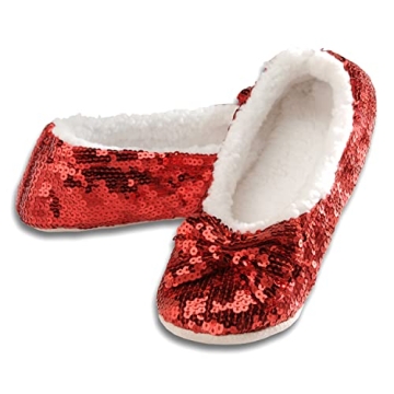 Snoozies Ballerina Bling Metallic Shine Women Slippers | Sequin House Slippers for Women | Slipper Socks with Grippers for Women | Cute Slippers for Women | Red | Large