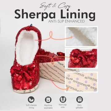 Snoozies Ballerina Bling Metallic Shine Women Slippers | Sequin House Slippers for Women | Slipper Socks with Grippers for Women | Cute Slippers for Women | Red | Large