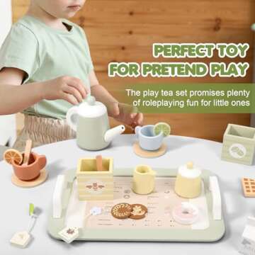 Wooden Tea Party Set for Little Girls, Play Tea Set for Kids Toddlers, Pretend Play Kitchen Toy Gift for 1 2 3 4 5 Years Old