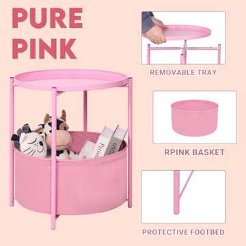 ZOES HOMEWARE Small Round Side End Table with Storage, Nursery Side Table, Pink Bedside Table Nightstand with Fabric Basket and Removable Tray for Bedroom, Kids Room & Living Room