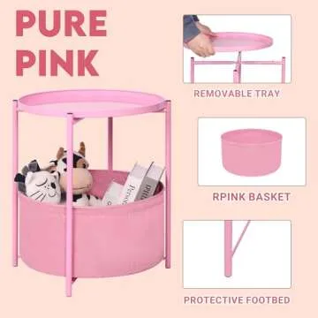ZOES HOMEWARE Small Round Side End Table with Storage, Nursery Side Table, Pink Bedside Table Nightstand with Fabric Basket and Removable Tray for Bedroom, Kids Room & Living Room