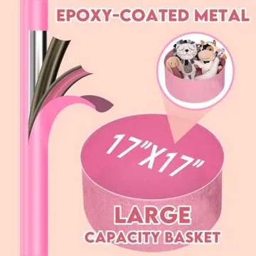 ZOES HOMEWARE Small Round Side End Table with Storage, Nursery Side Table, Pink Bedside Table Nightstand with Fabric Basket and Removable Tray for Bedroom, Kids Room & Living Room