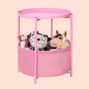 ZOES HOMEWARE Small Round Side End Table with Storage, Nursery Side Table, Pink Bedside Table Nightstand with Fabric Basket and Removable Tray for Bedroom, Kids Room & Living Room