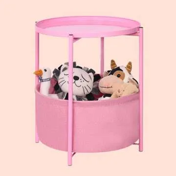 ZOES HOMEWARE Small Round Side End Table with Storage, Nursery Side Table, Pink Bedside Table Nightstand with Fabric Basket and Removable Tray for Bedroom, Kids Room & Living Room