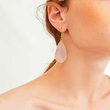 BaubleStar Natural Crystal Healing Birth Stone Statement Drop Earrings Pink Teardrop Quartz Dangle G...