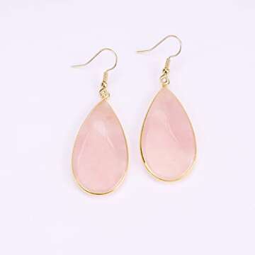 BaubleStar Natural Crystal Healing Birth Stone Statement Drop Earrings Pink Teardrop Quartz Dangle Gold Fashion Jewelry for Women