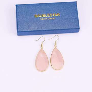 BaubleStar Natural Crystal Healing Birth Stone Statement Drop Earrings Pink Teardrop Quartz Dangle Gold Fashion Jewelry for Women