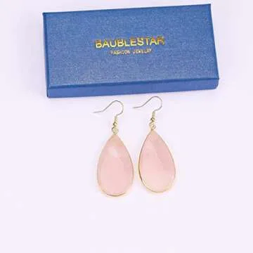 BaubleStar Natural Crystal Healing Birth Stone Statement Drop Earrings Pink Teardrop Quartz Dangle Gold Fashion Jewelry for Women