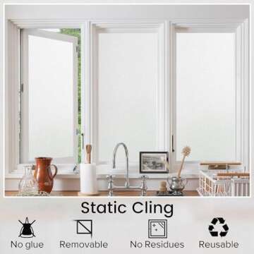 rabbitgoo Window Privacy Film, Non-Adhesive Frosted Glass Window Film for Bathroom, Static Cling Heat Blocking Stickers for Home Indoor Opaque Frosting Coverings House Tint, Matte White 17.5" x 78.7"
