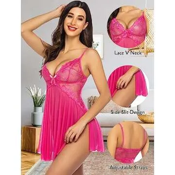 Avidlove Babydoll Lingerie for Women Lace Chemise Sheer Nightwear Slit Sleepwear Rose Red