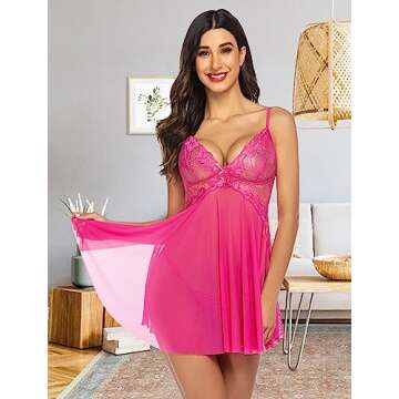 Avidlove Babydoll Lingerie for Women Lace Chemise Sheer Nightwear Slit Sleepwear Rose Red