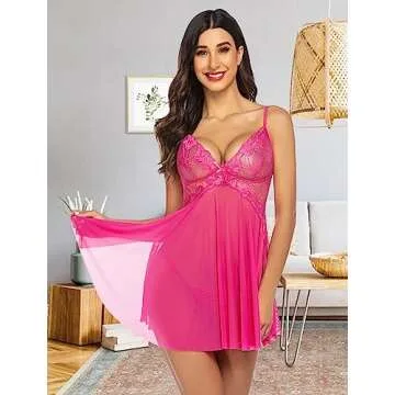 Avidlove Babydoll Lingerie for Women Lace Chemise Sheer Nightwear Slit Sleepwear Rose Red