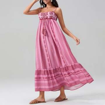 Women Smocked Maxi Long Dress Cute Print Sleeveless Spaghetti Strap Boho Flowy Dress Summer Beach Vacation Dress(C-Floral Printed,Small)