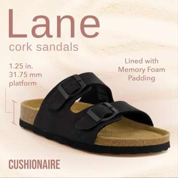 CUSHIONAIRE Lane Cork Footbed Sandals for Women – Comfortable Double Buckle Slip-On with Genuine S...