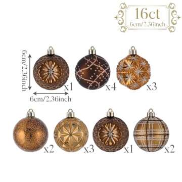 Valery Madelyn Ornaments for Christmas Trees, 16ct Bronze Copper Brown Gold Shatterproof Christmas Tree Decorations, 2.36 Inches Luxury Hanging Ball Ornaments for Xmas Holiday Party