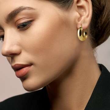 Chunky Gold Hoops Earrings for Women Thick Huggie Hoop Earring with S925 Sterling Silver Post Lightw...