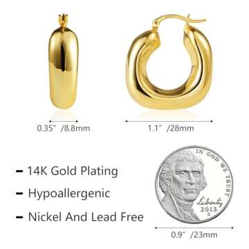Chunky Gold Hoops Earrings for Women Thick Huggie Hoop Earring with S925 Sterling Silver Post Lightweight Hollow Earings for Women Trendy Jewelry