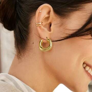 Chunky Gold Hoops Earrings for Women Thick Huggie Hoop Earring with S925 Sterling Silver Post Lightweight Hollow Earings for Women Trendy Jewelry