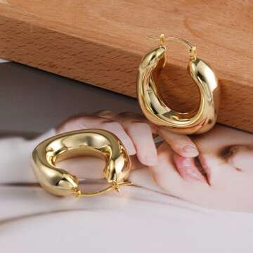 Chunky Gold Hoops Earrings for Women Thick Huggie Hoop Earring with S925 Sterling Silver Post Lightweight Hollow Earings for Women Trendy Jewelry