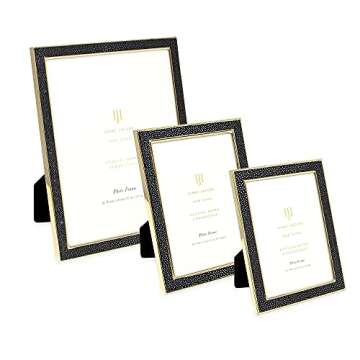 Isaac Jacobs 5x7 Black Leather with Gold Metal (Vertical & Horizontal) Picture Frame, Shagreen Border w/Black Fabric Easel, Wall-Mountable, Made For Tabletop, Photo Gallery (5x7, Black W/Gold)