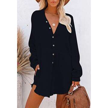 Pink Queen Women V Neck Shirt Dresses Oversize Long Sleeve Button Down Blouse Short Dress with Pockets Black L