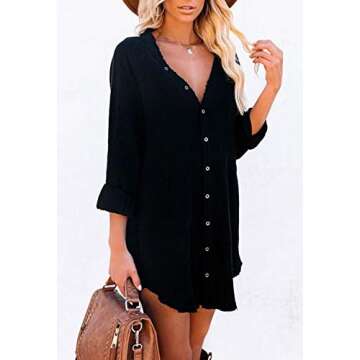Pink Queen Women V Neck Shirt Dresses Oversize Long Sleeve Button Down Blouse Short Dress with Pockets Black L