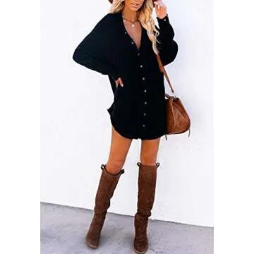 Pink Queen Women V Neck Shirt Dresses Oversize Long Sleeve Button Down Blouse Short Dress with Pockets Black L