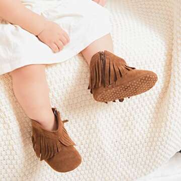 HsdsBebe Infant Baby Girls Fringe Tassel Ankle Boots Toddler Zipper Soft Sole Non-slip Booties Newborn Prewalker Moccasin Crib Shoes(C65 brown,2)
