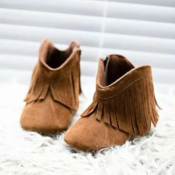 HsdsBebe Infant Baby Girls Fringe Tassel Ankle Boots Toddler Zipper Soft Sole Non-slip Booties Newborn Prewalker Moccasin Crib Shoes(C65 brown,2)