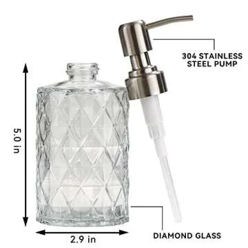 Easy Tang Glass Hand Dish Soap Dispenser for Bathroom Kitchen 12 Oz Crystal Design with Silver Pump Refillable Liquid Soap Dispenser (Clear)