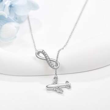 AXOMY Airplane Necklace 925 Sterling Silver Infinity Airplane Pendant Y Necklace Travel Aviation Airplane Jewelry Gifts for Women Flight Attendant Stewardess Pilots Graduation