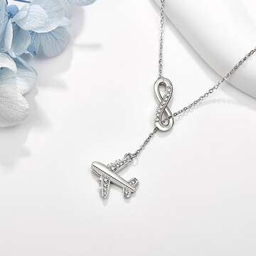 AXOMY Airplane Necklace 925 Sterling Silver Infinity Airplane Pendant Y Necklace Travel Aviation Airplane Jewelry Gifts for Women Flight Attendant Stewardess Pilots Graduation