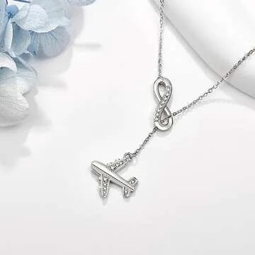AXOMY Airplane Necklace 925 Sterling Silver Infinity Airplane Pendant Y Necklace Travel Aviation Airplane Jewelry Gifts for Women Flight Attendant Stewardess Pilots Graduation